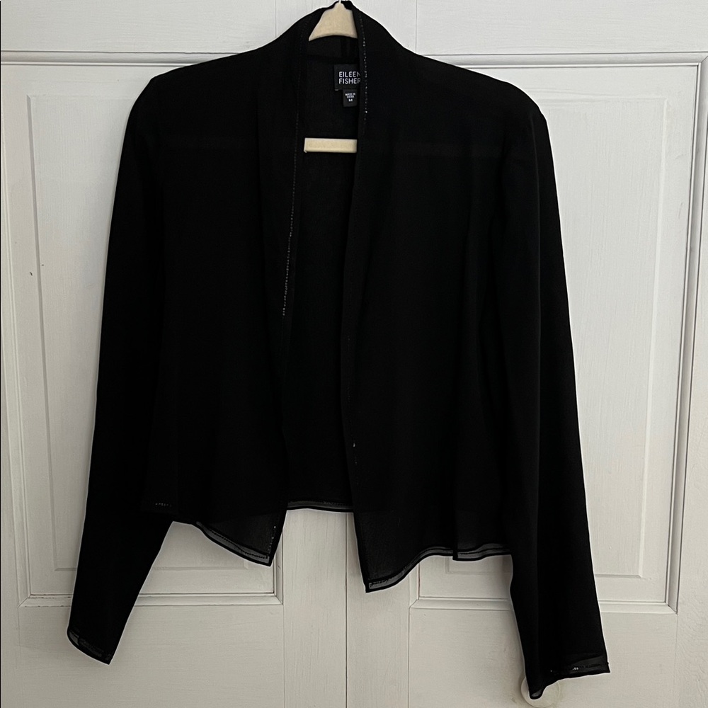 Eileen Fisher 100% Silk Black Sheer Open Jacket / Cardigan with Sequins! Sz Med